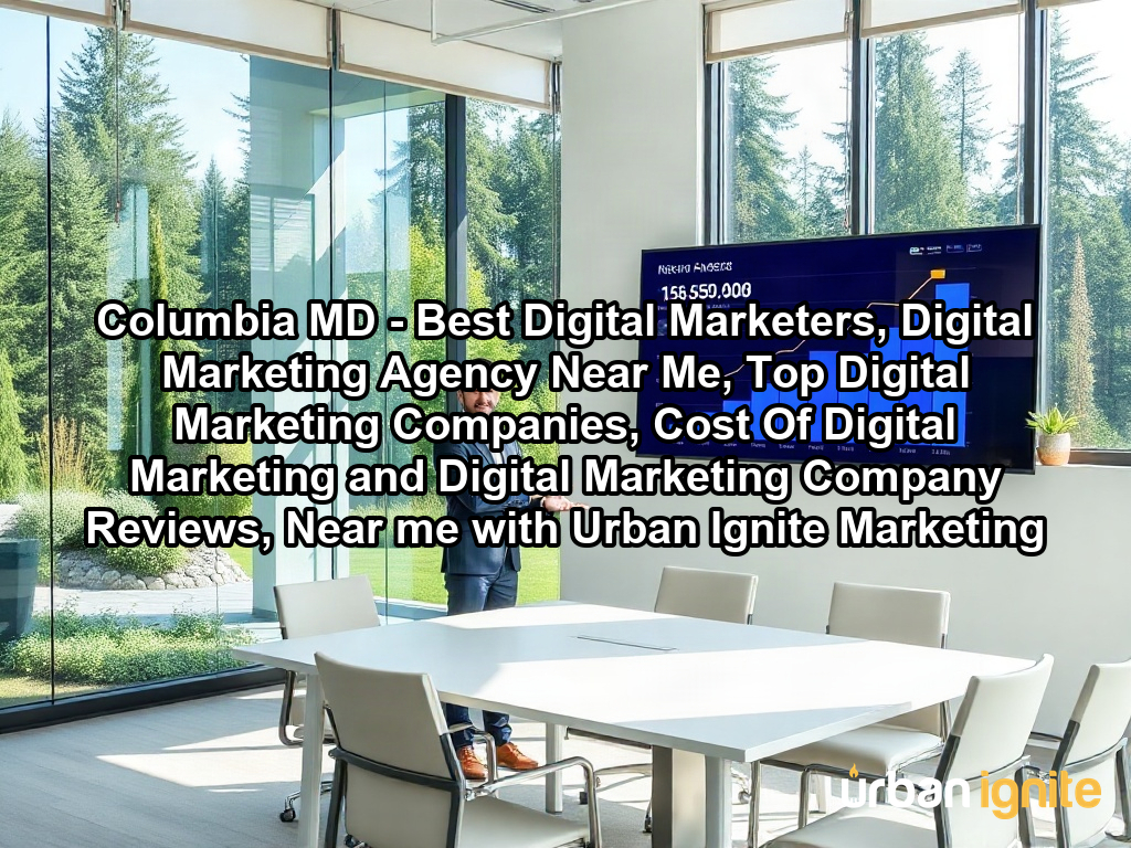 A bright, modern open-plan office suite featuring a high-end glass-walled conference room overlooking a lush, wooded landscape typical of a professional business park in the Pacific Northwest. Inside the office, a confident business owner stands by a clean, minimalist workstation, gesturing toward a large wall-mounted monitor displaying a successful, ascending revenue growth chart, reflecting the professional prosperity achieved through expert marketing services.
